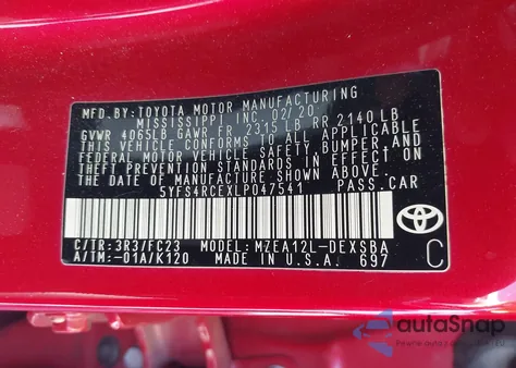 2020 Toyota Corolla Se z USA, uszkodzony, nr VIN 5YFS4RCEXLP047541